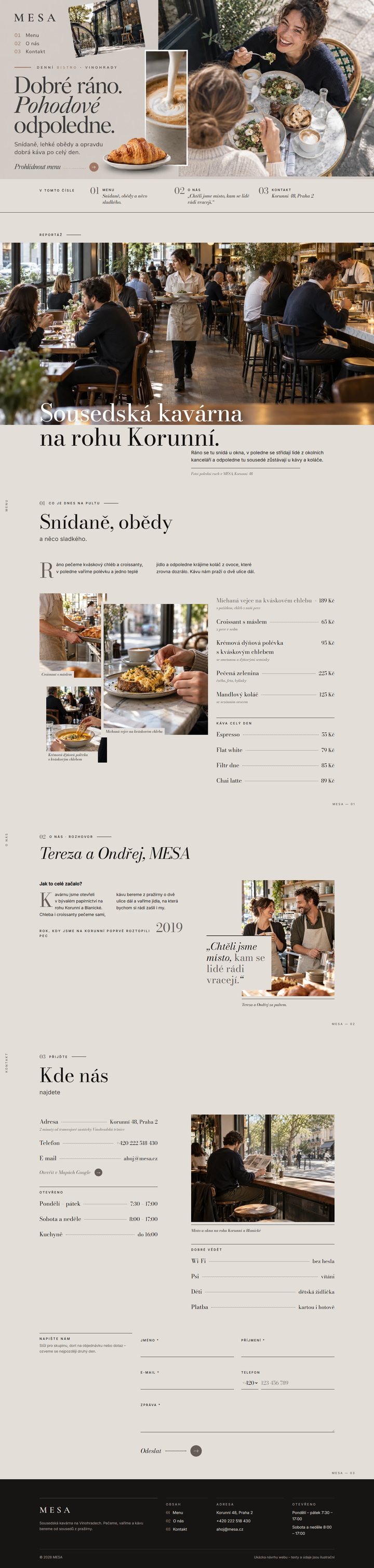Ukázka návrhu webu kavárny MESA ve stylu kreativní a magazínový