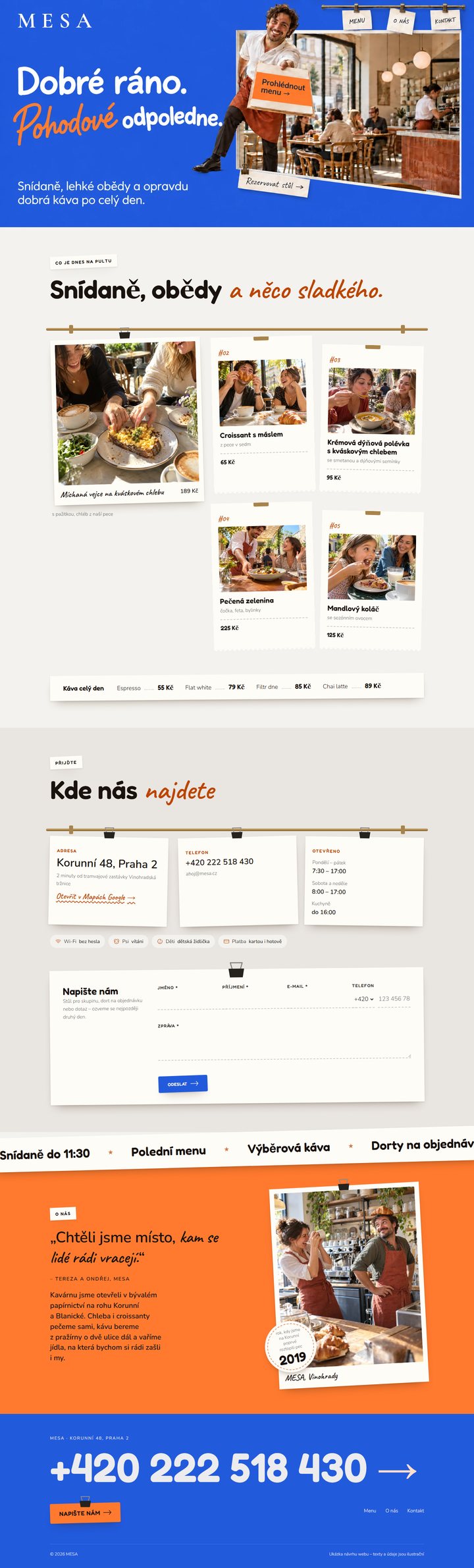 Ukázka návrhu webu kavárny MESA ve stylu hravý a energický